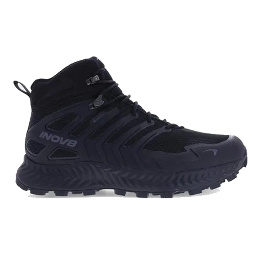 Side view on white background of Mens Inov8 Roclite Mid GTX running shoe in Black/Dark Grey, Wide width