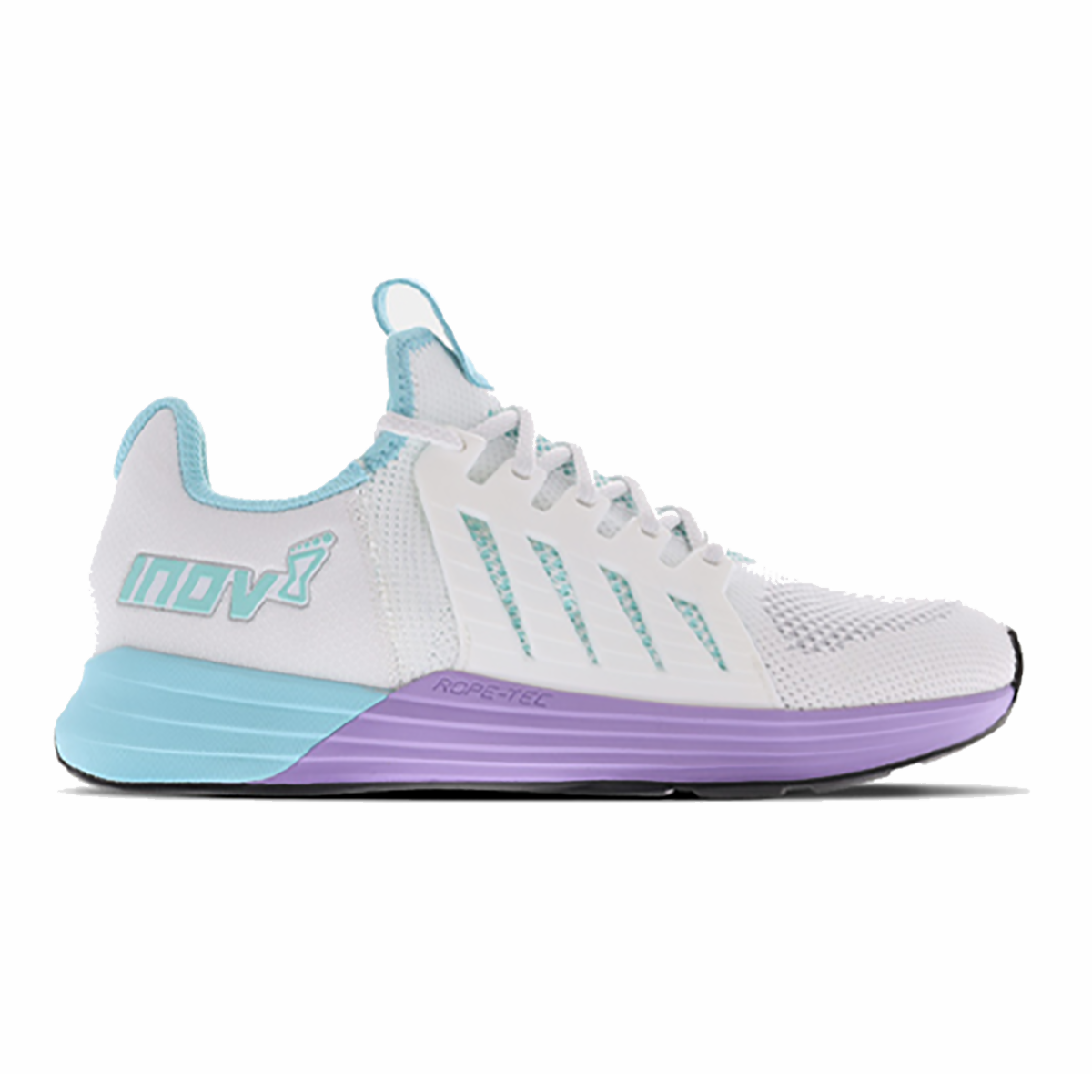Side view on white background of Womens Inov8 F-Lite G 300 running shoe in White/Blue/Purple, Medium (Regular) width