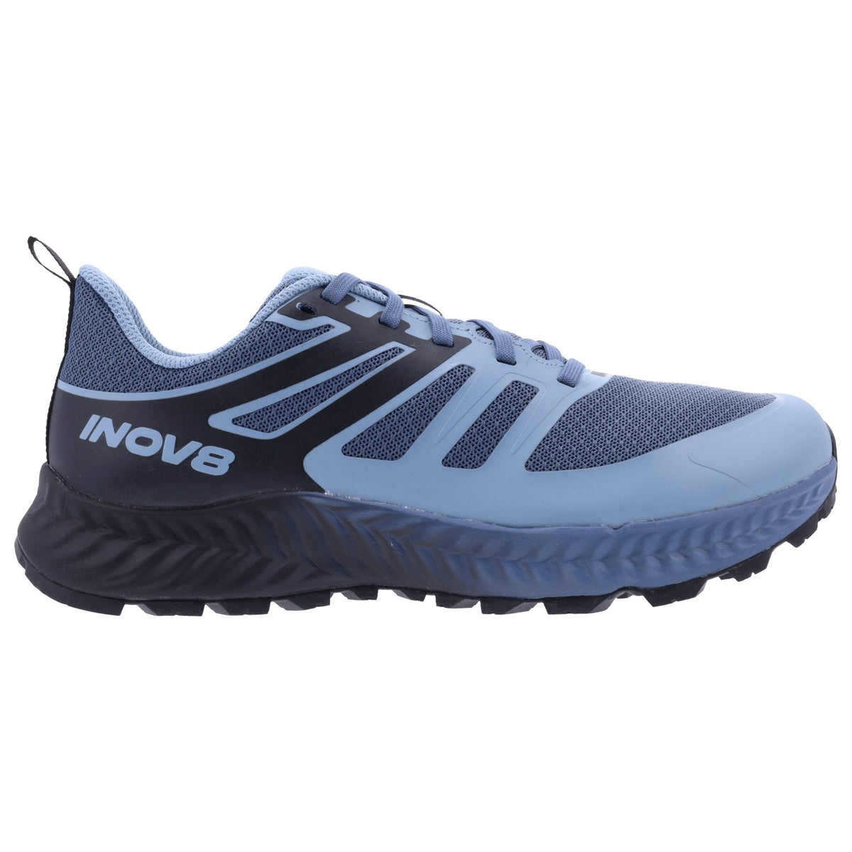 Side view on white background of Womens Inov8 TrailFly running shoe in Blue Grey/Black Slate, Wide width