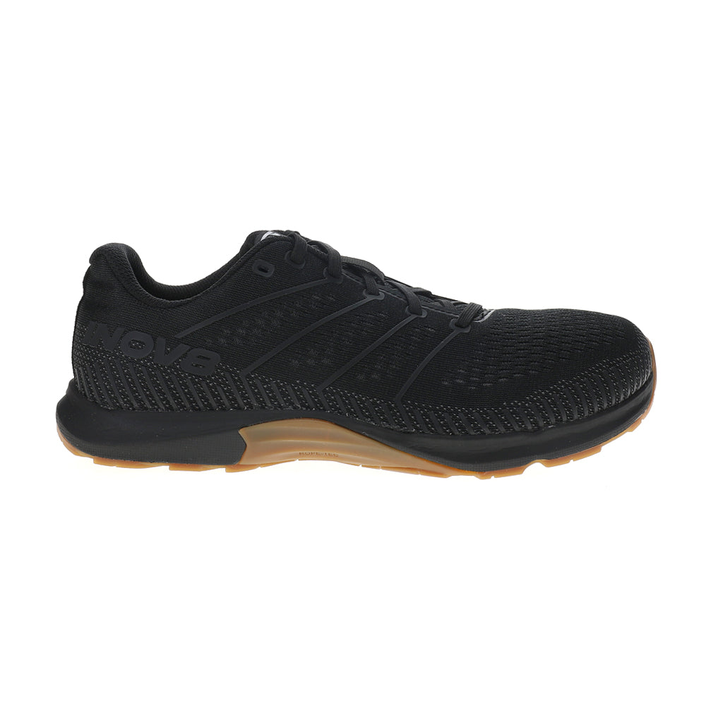 Side view on white background of Mens Inov8 F-Fly running shoe in Black/Gum, Medium (Regular) width