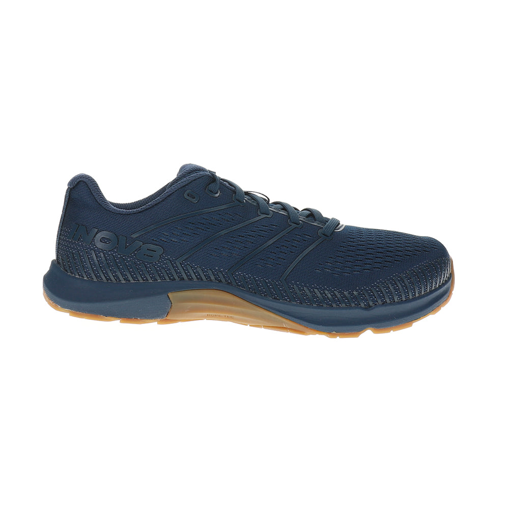 Side view on white background of Mens Inov8 F-Fly running shoe in Navy/Gum, Medium (Regular) width
