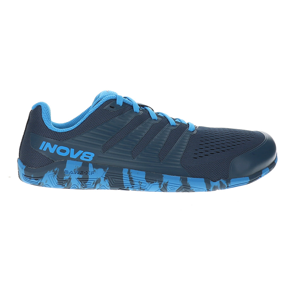 Side view on white background of Mens Inov8 Bare-XF running shoe in Navy/Multi, Wide width