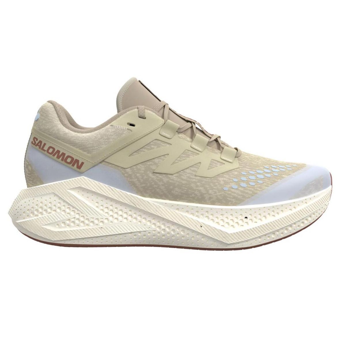 Side view on white background of Mens Salomon Aero Glide 3 GRVL running shoe in Green Haze/Vanilla Ice/Russet, Medium (Regular) width