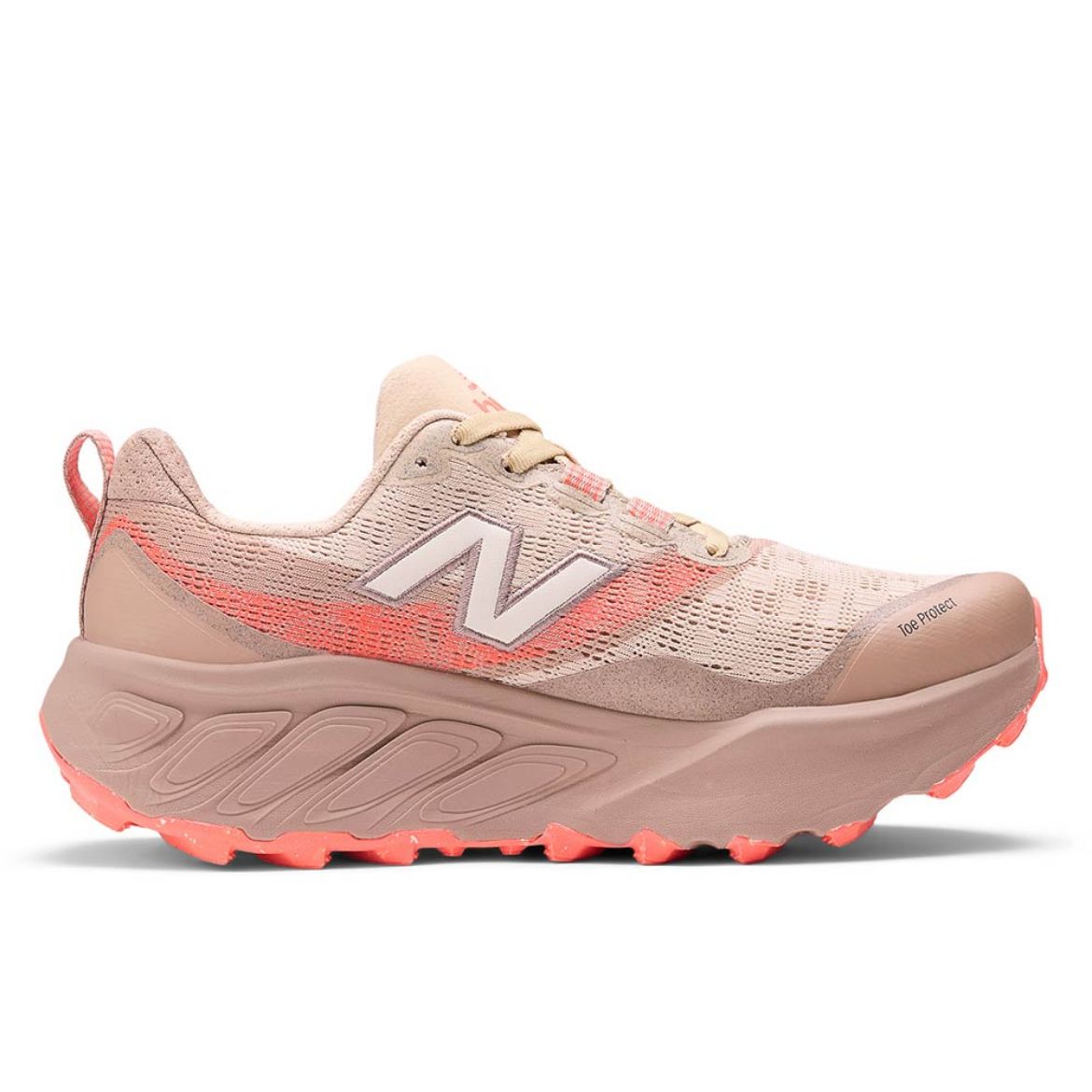 Side view on white background of Womens New Balance Fresh Foam X Hierro V9 running shoe in Desert Clay/Urgent Red/Urgent Red, Wide width