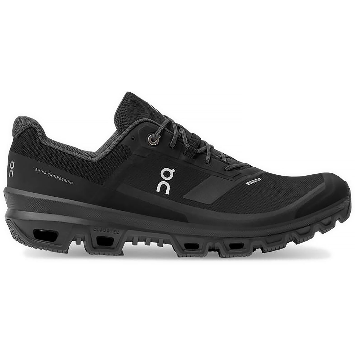 Side view on white background of Mens On Cloudventure Waterproof 3 running shoe in Black, Medium (Regular) width