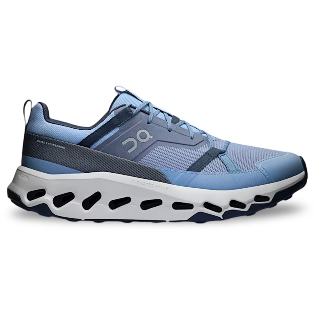 Side view on white background of Mens On Cloudhorizon running shoe in Chambray/Arctic, Medium (Regular) width