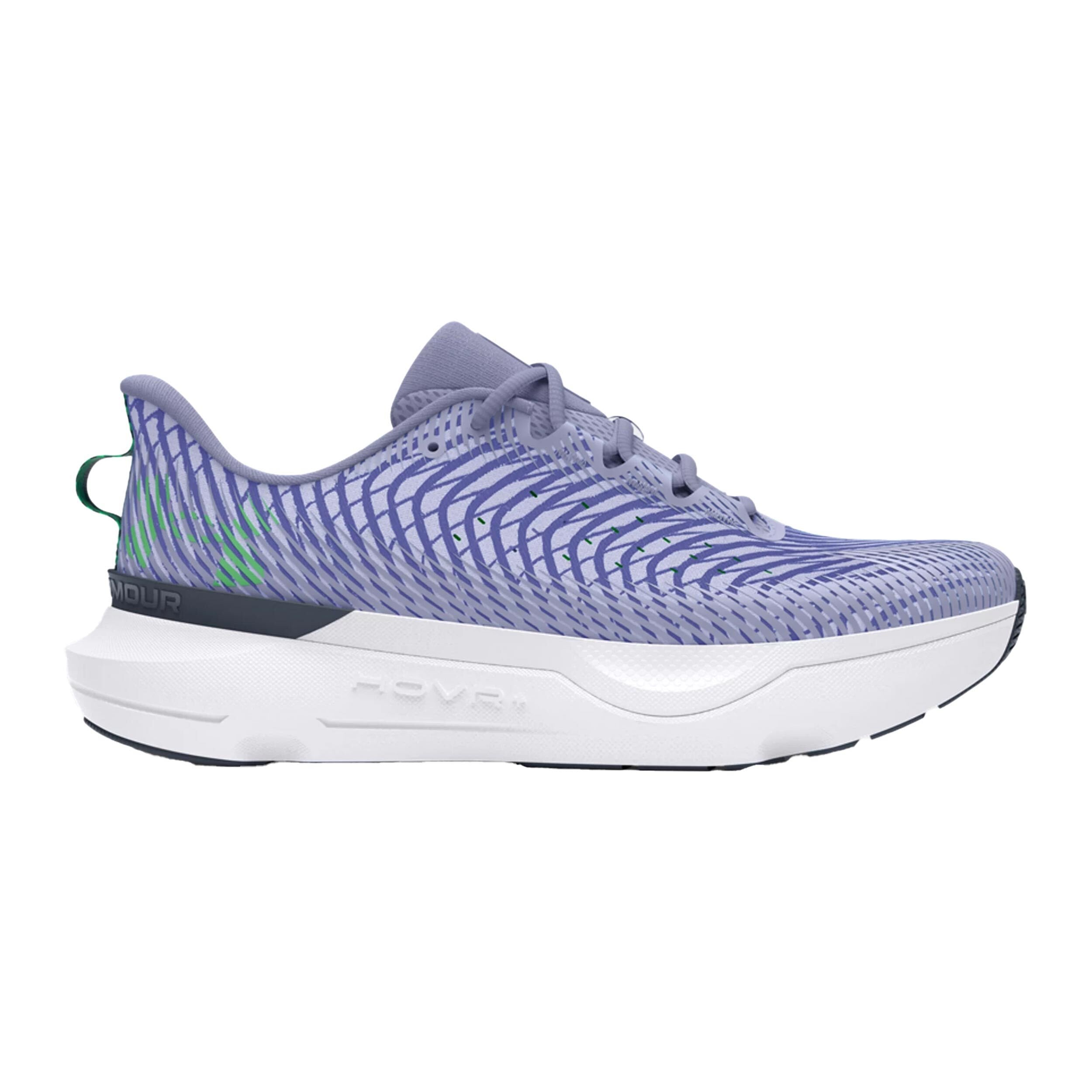 Side view on white background of Womens Under Armour Infinite Pro running shoe in Violet/Violet, Medium (Regular) width