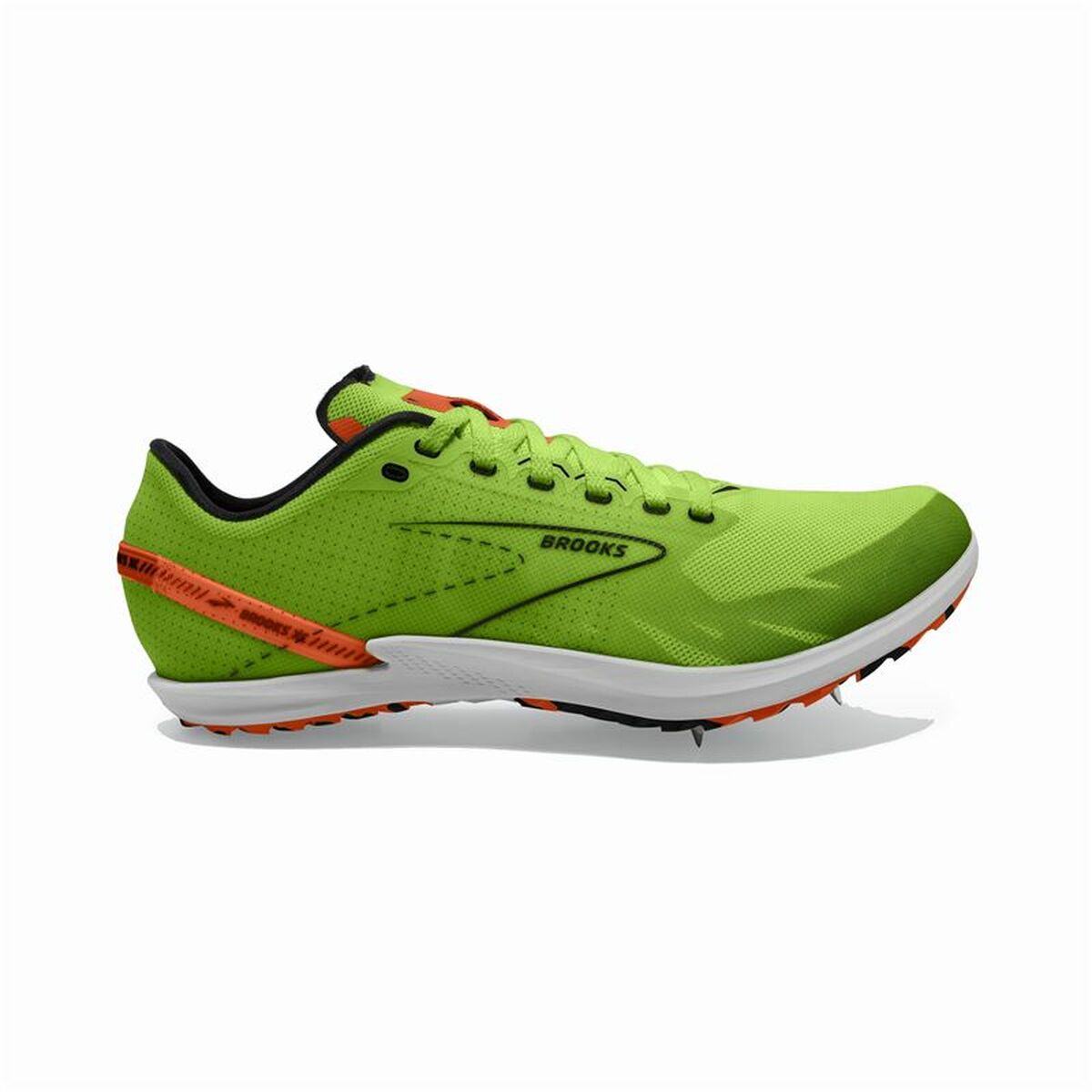Side view on white background of Womens Brooks Draft XC running shoe in Green Gecko/Red Orange/White, Medium (Regular) width