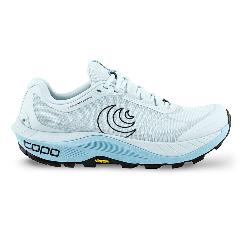 Side view on white background of Womens Topo Athletic MTN Racer 3 running shoe in Ice/Blue, Medium (Regular) width