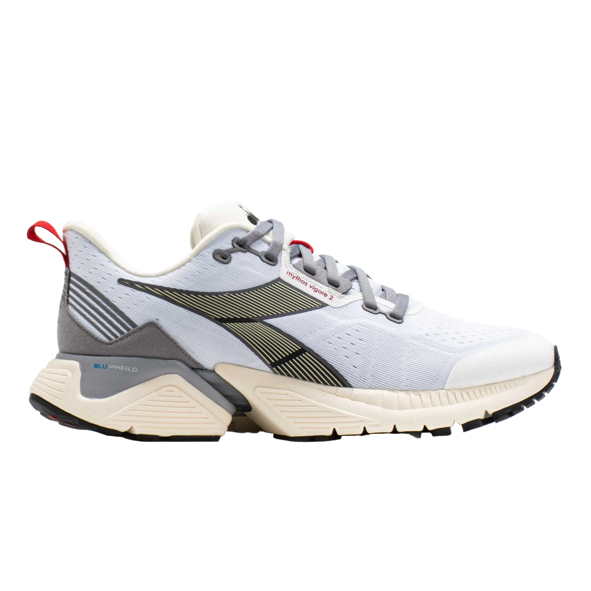 Men's Diadora Mythos Blushield Vigore 2 running shoe in white and black with red accents.