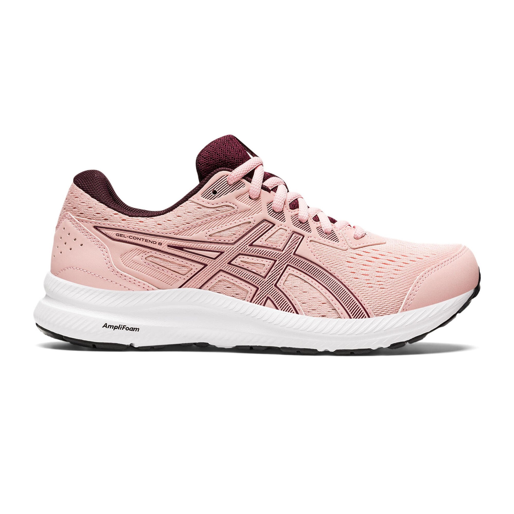 Side view on white background of Womens Asics Gel-Contend 8 running shoe in Frosted Rose/Deep Mars, Medium (Regular) width