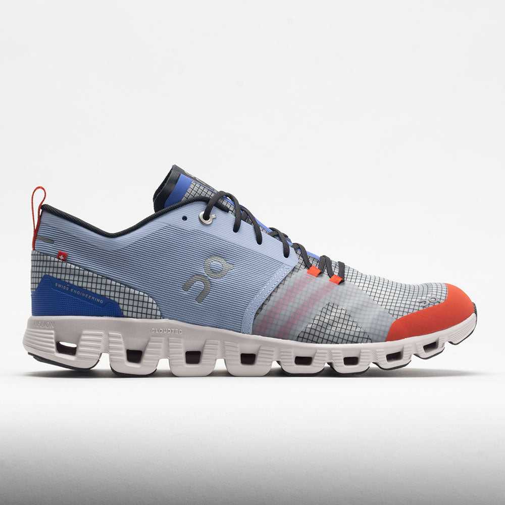 Side view on white background of Mens On Cloud X Shift running shoe in Heather/Glacier, Medium (Regular) width