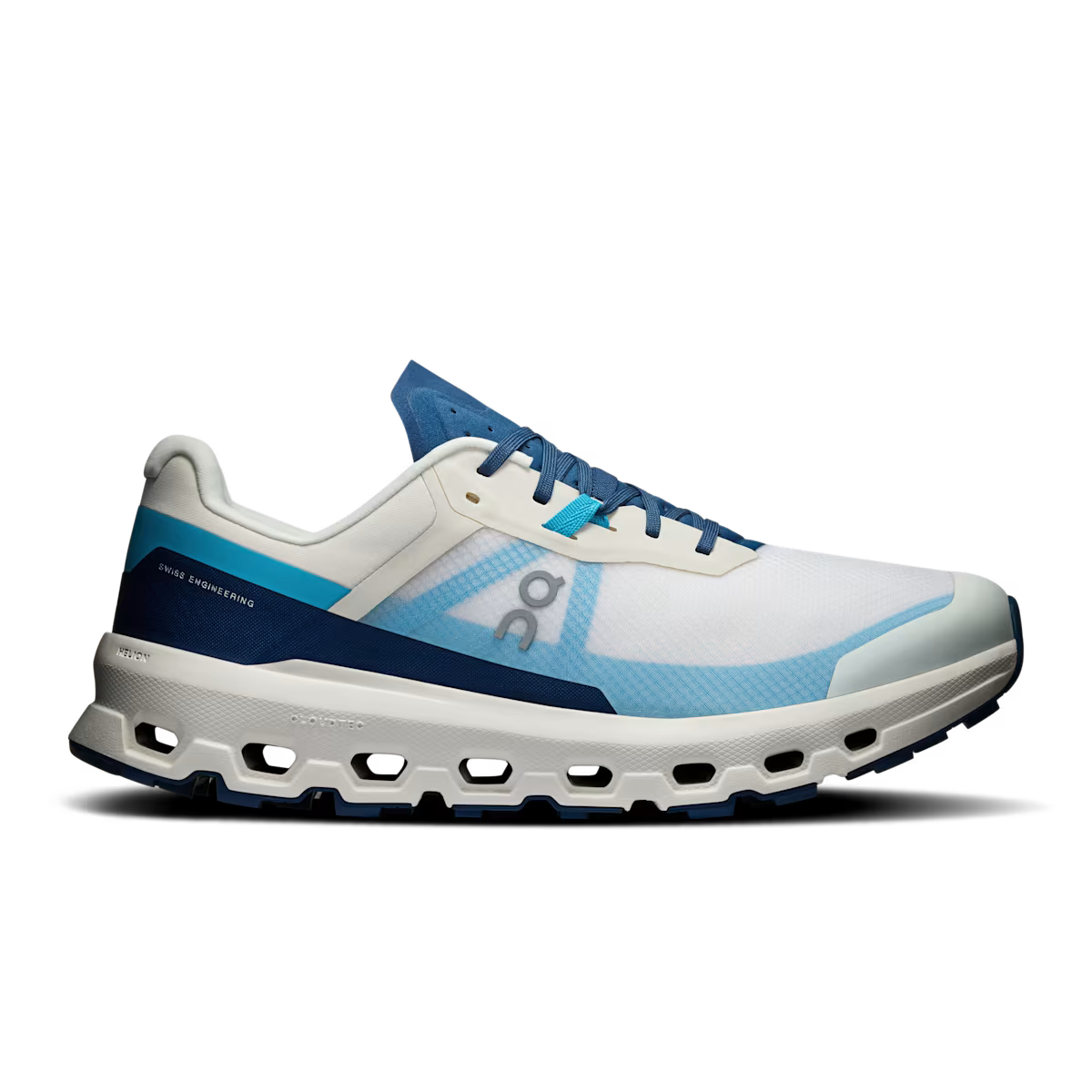 Side view on white background of Mens On Cloudvista 2 running shoe in Cream/Horizon, Medium (Regular) width