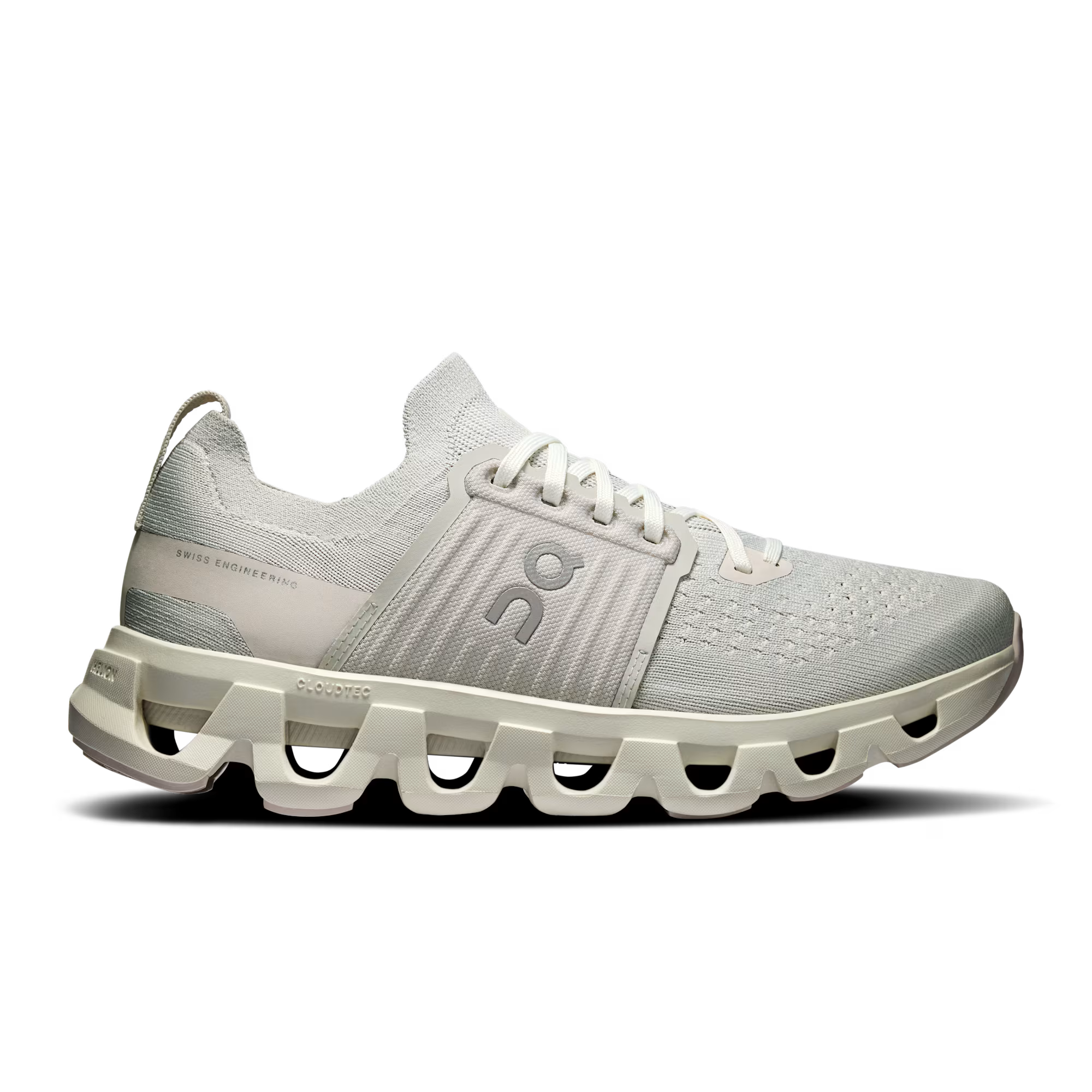 Side view on white background of Womens On Cloudswift 4 running shoe in Wolf/Sand, Medium (Regular) width