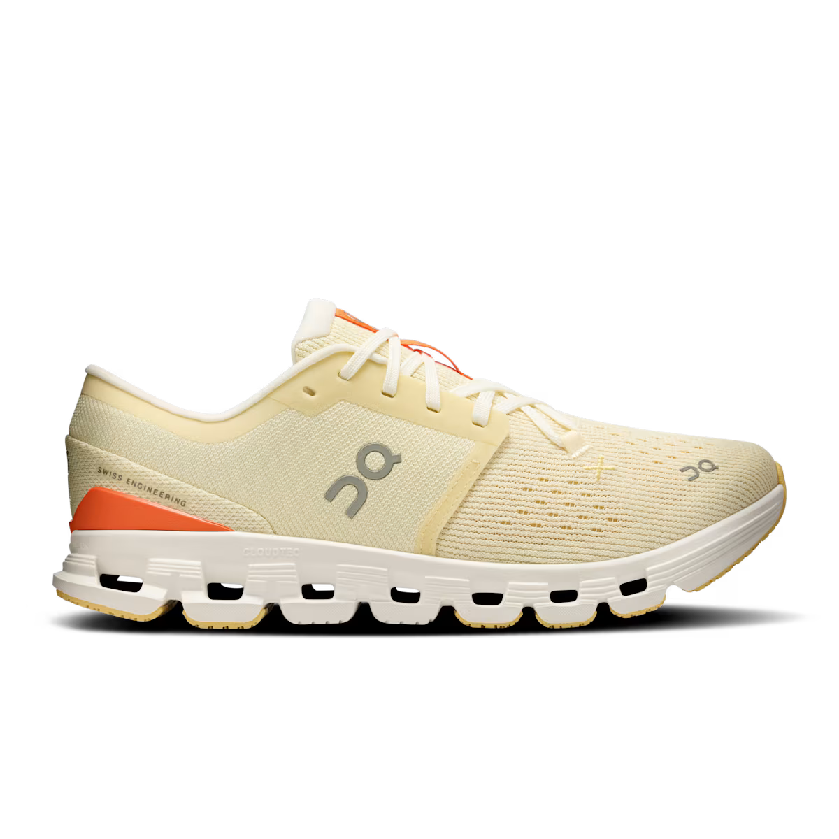 Side view on white background of Womens On Cloud X 4 running shoe in Castor/Flame, Medium (Regular) width