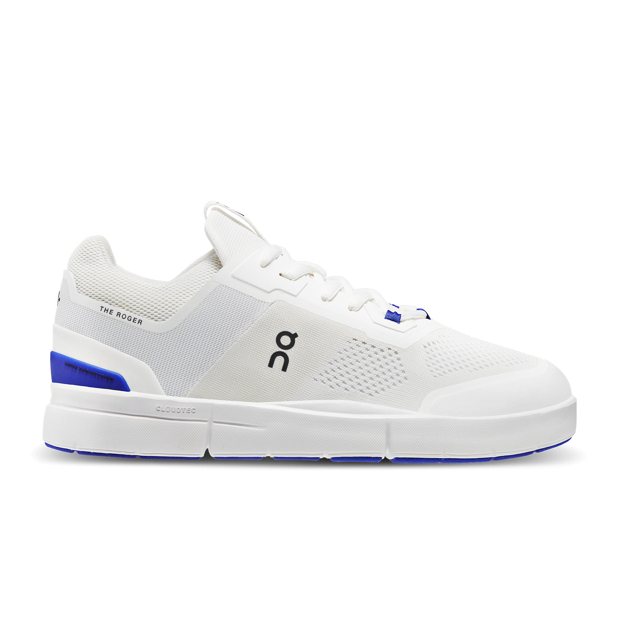 Side view on white background of Mens On The Roger Spin 2 running shoe in White/Indigo, Medium (Regular) width