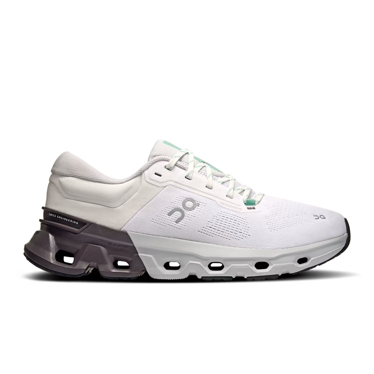 Side view on white background of Mens On Cloudflyer running shoe in White/Pebble, Medium (Regular) width