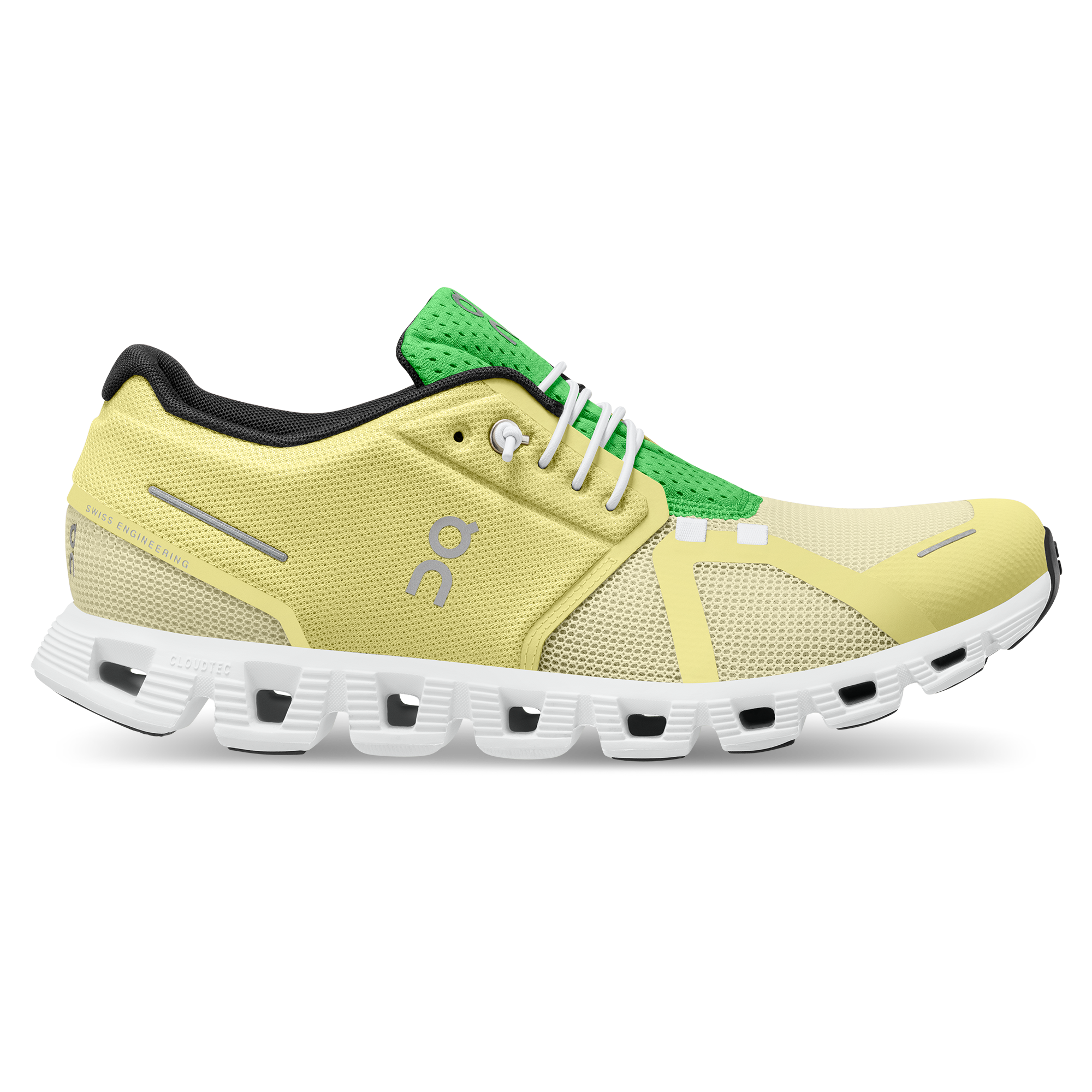 Side view on white background of Mens On Cloud 5 Push running shoe in Hay/Acacia, Medium (Regular) width