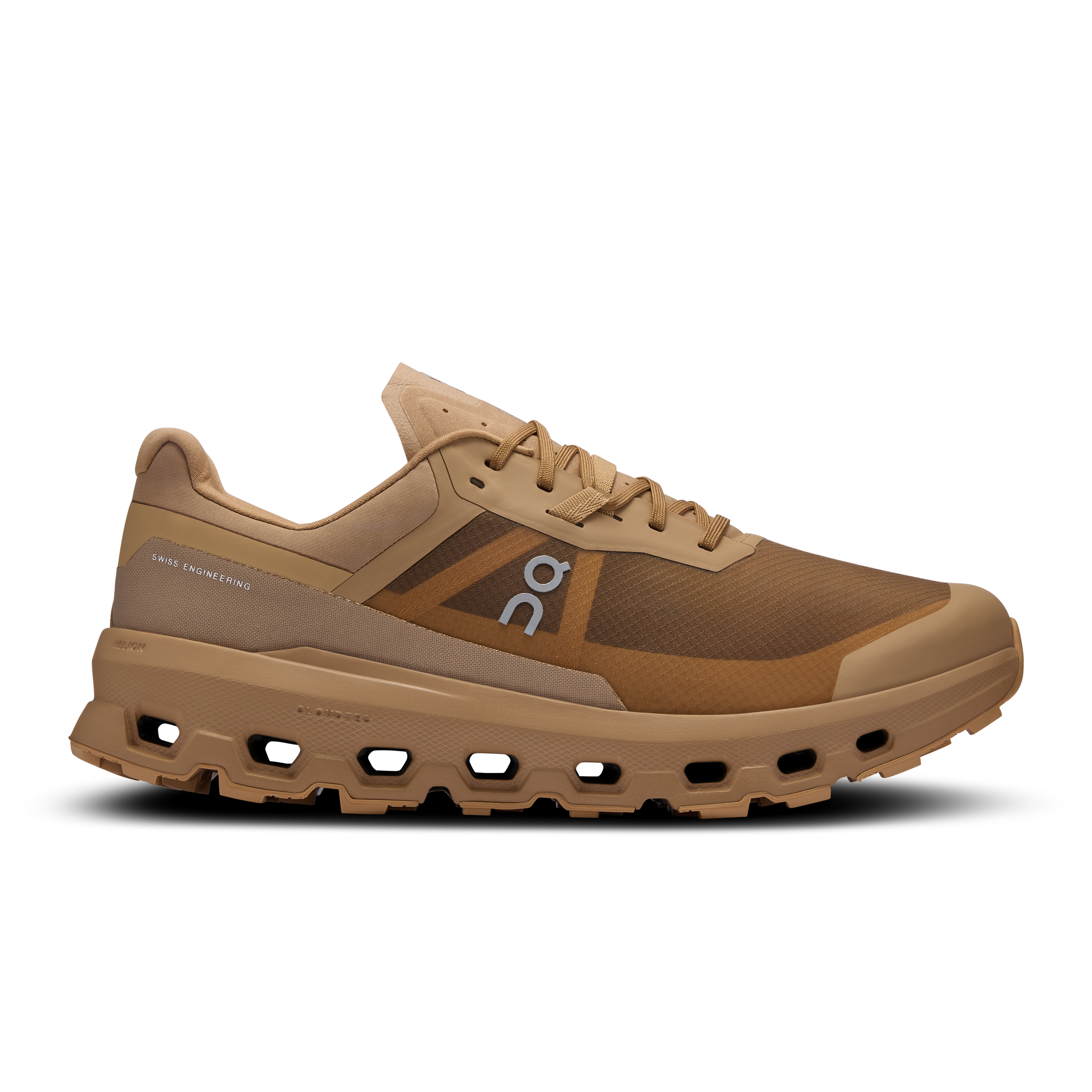 Side view on white background of Mens On Cloudvista 2 running shoe in Chai/Dune, Medium (Regular) width