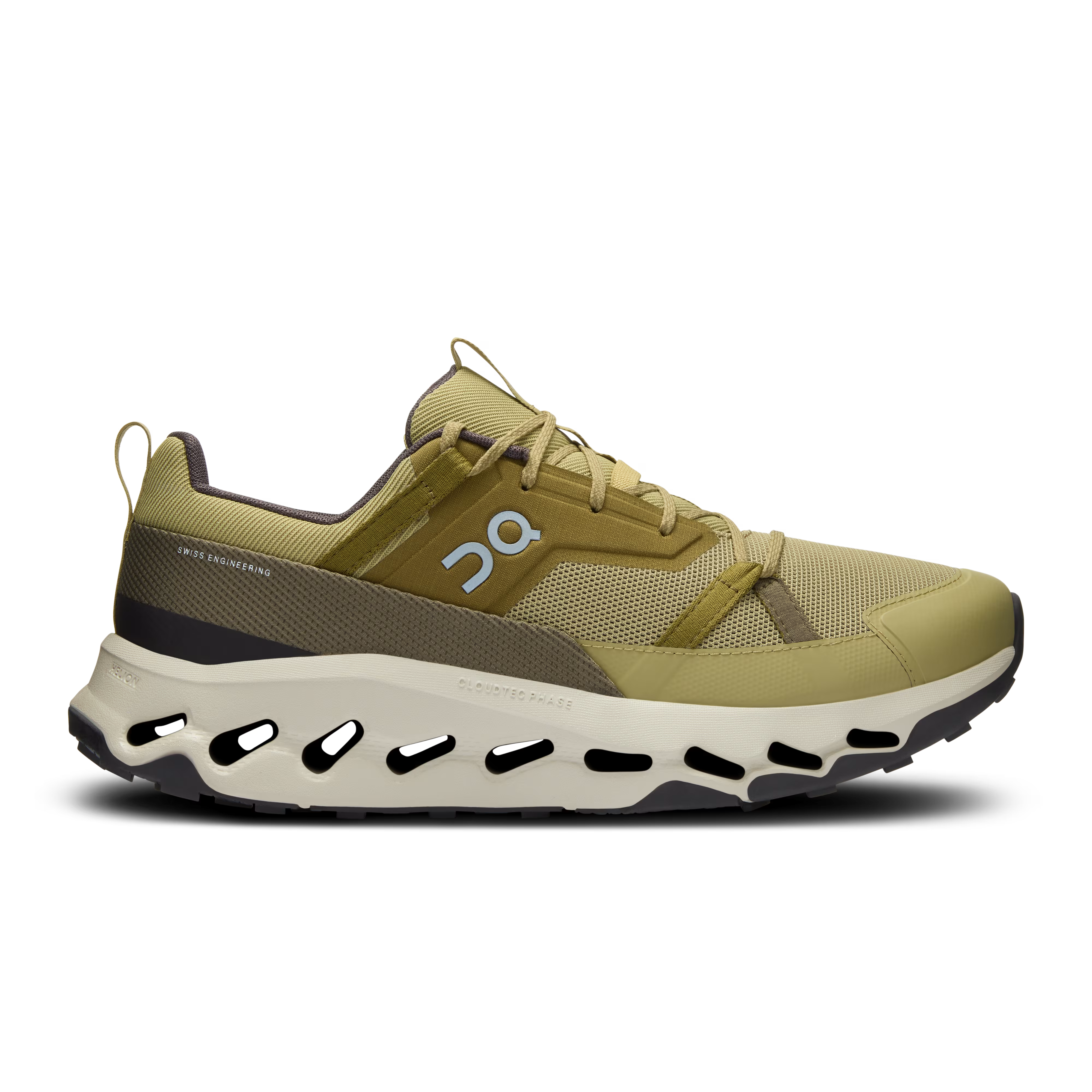 Side view on white background of Mens On Cloudhorizon running shoe in Safari/Ice, Medium (Regular) width