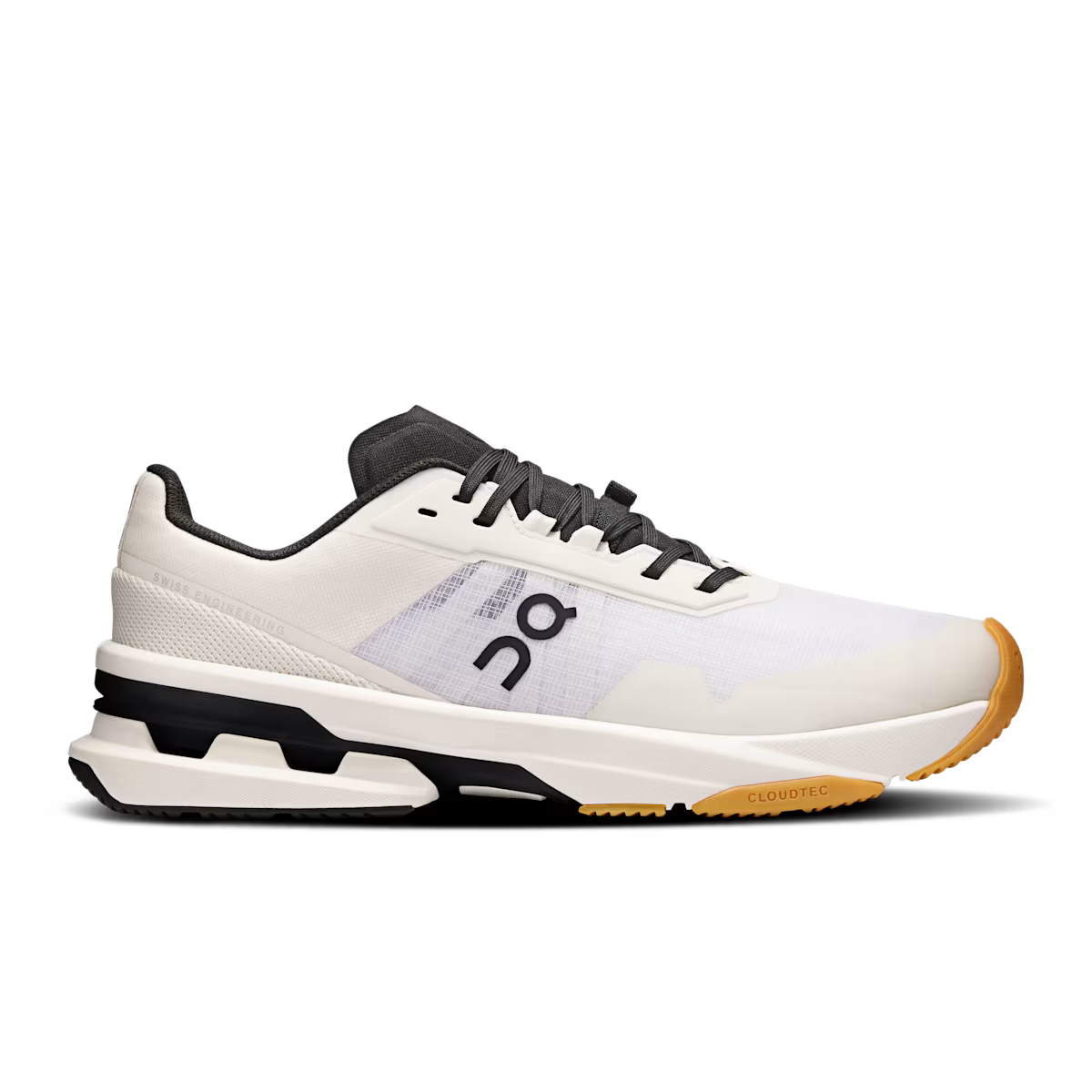 Side view on white background of Womens On Cloudpulse Pro running shoe in White/Black, Medium (Regular) width