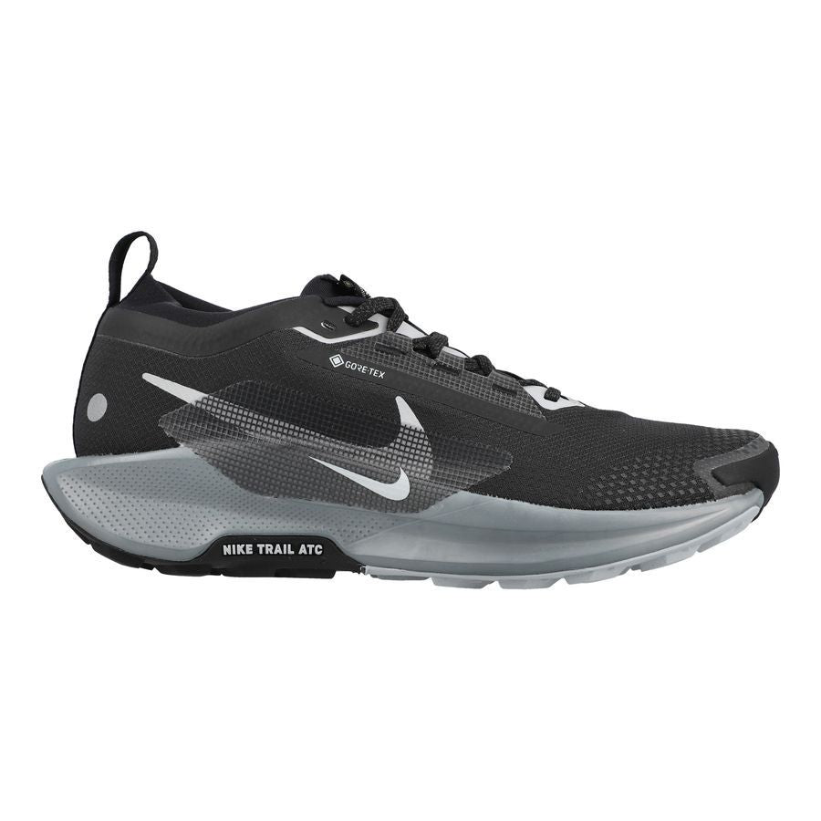 Side view on white background of Mens Nike Pegasus Trail 5 GTX running shoe in Black/Wolf Grey/Cool Grey/Anthracite, Medium (Regular) width