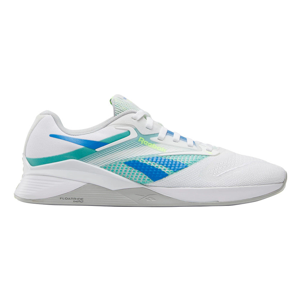 Side view on white background of Mens Reebok Nano X4 running shoe in Ftwr White/Unleashed Green/Grey 1, Medium (Regular) width
