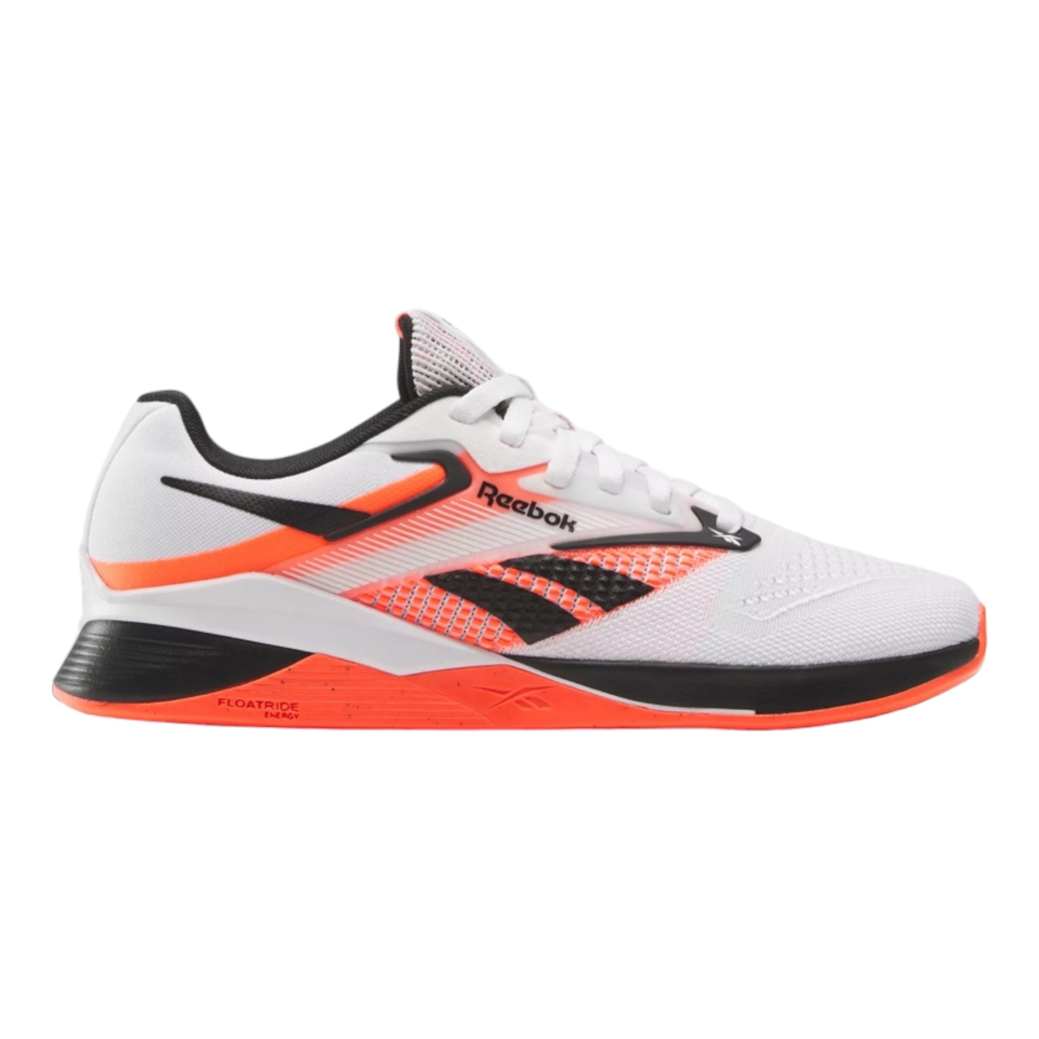 Reebok Nano X4 Mens running Blue shoes in Black/Footwear White/Orange Flare - side view on white background