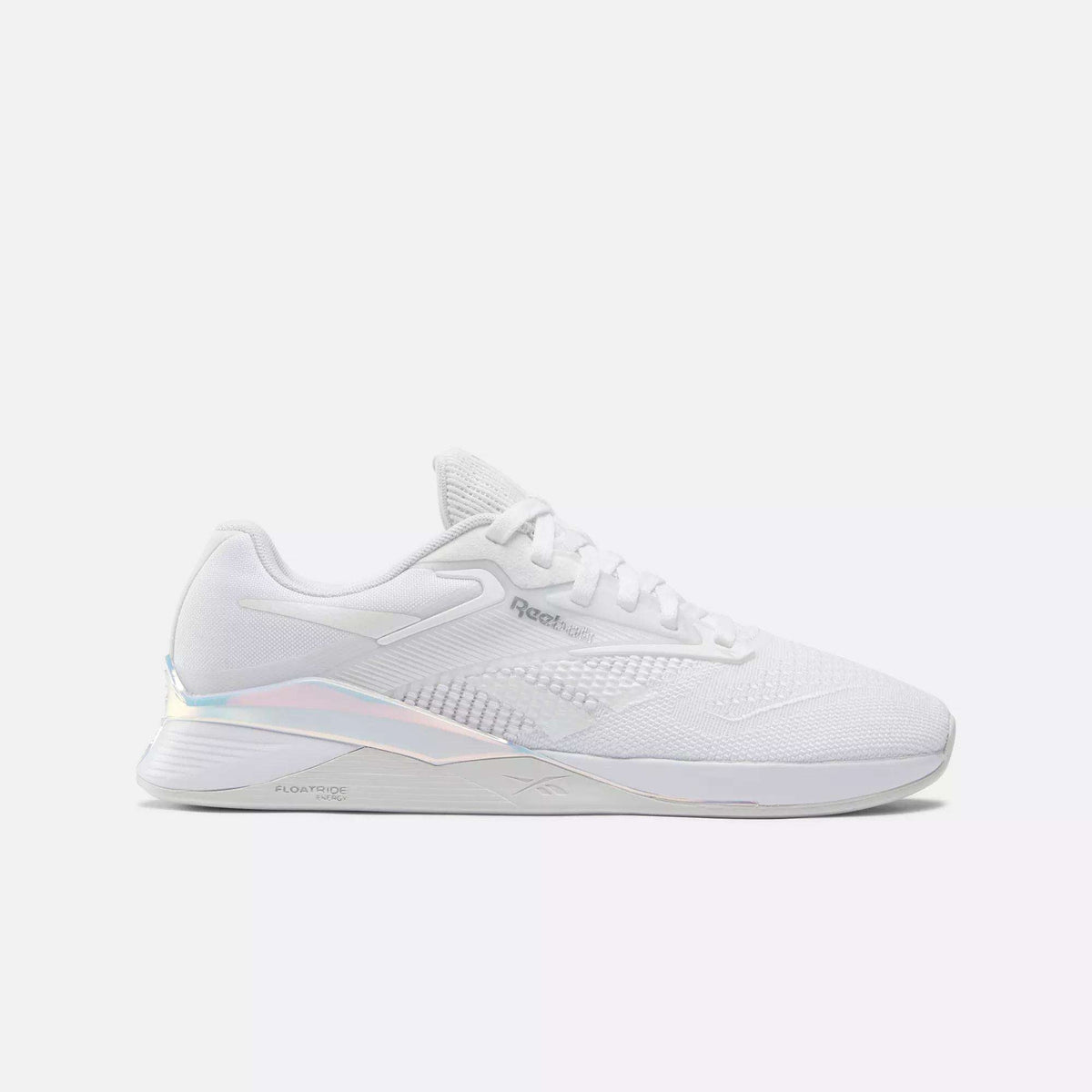 Side view on white background of Womens Reebok Nano X4 running shoe in Ftwr White/Cold Grey 1/Silver Metallic, Medium (Regular) width