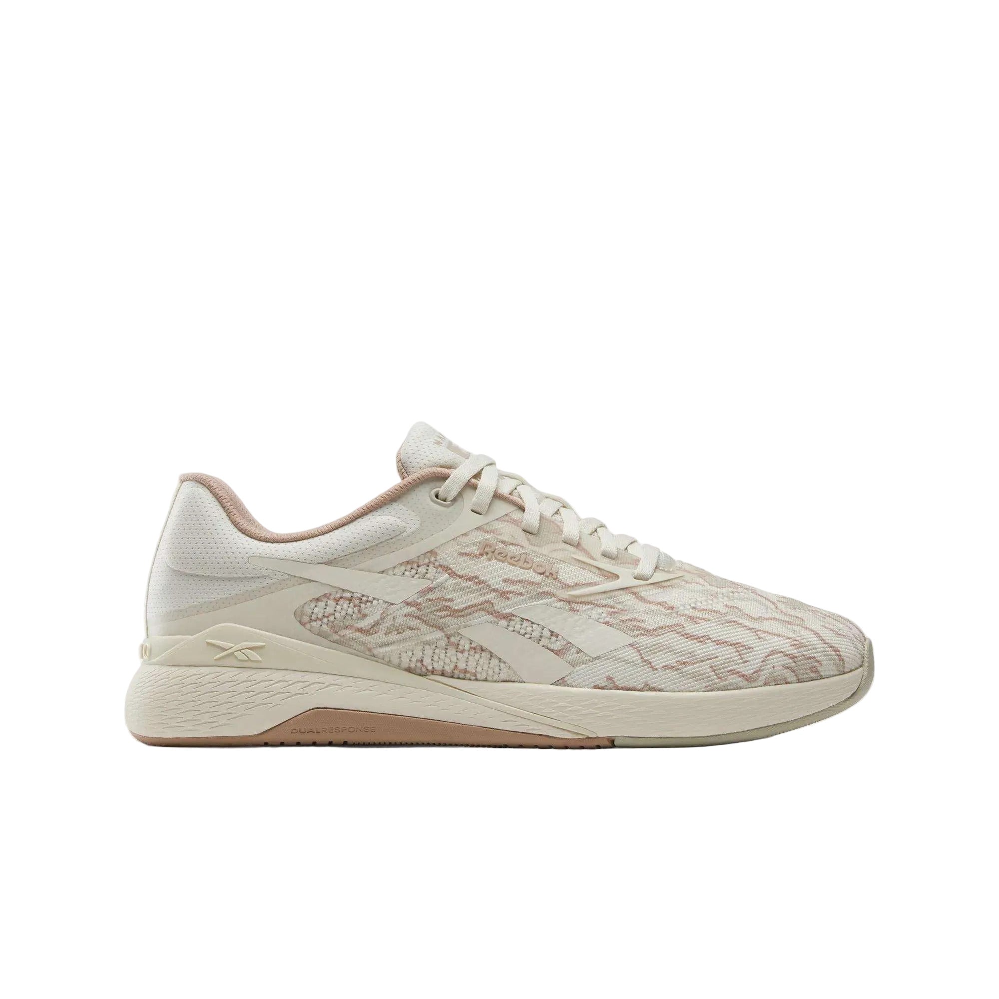 Side view on white background of Womens Reebok Nano X5 running shoe in Sand/Tan, Medium (Regular) width