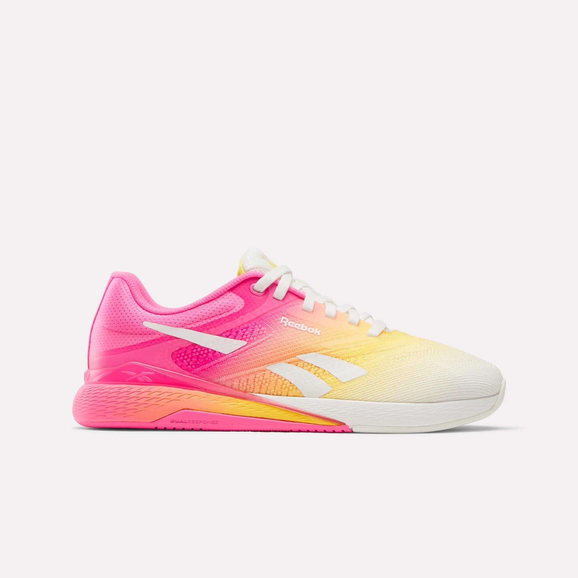 Side view on white background of Womens Reebok Nano X5 running shoe in Chalk/Atomic Pink/Golden Haze, Medium (Regular) width