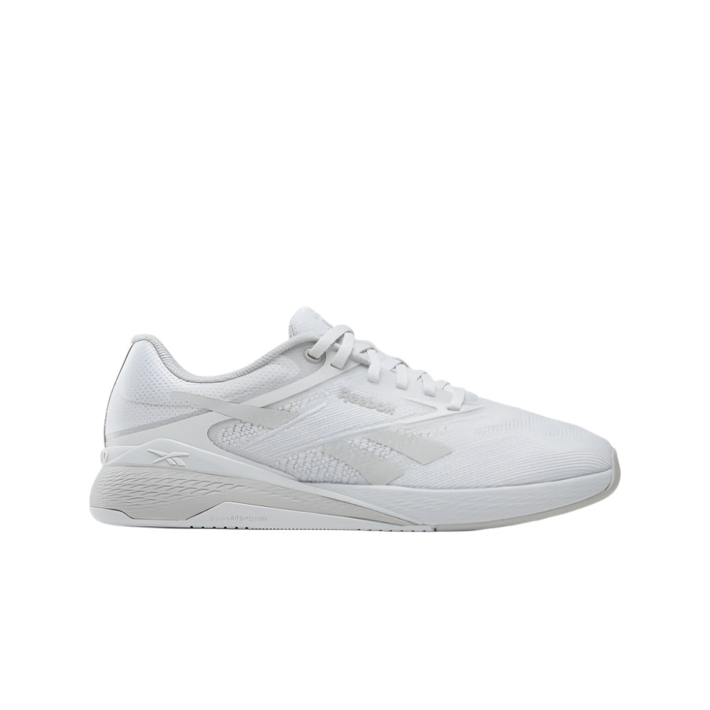 Side view on white background of Mens Reebok Nano X5 running shoe in Moon/Grey 1, Medium (Regular) width
