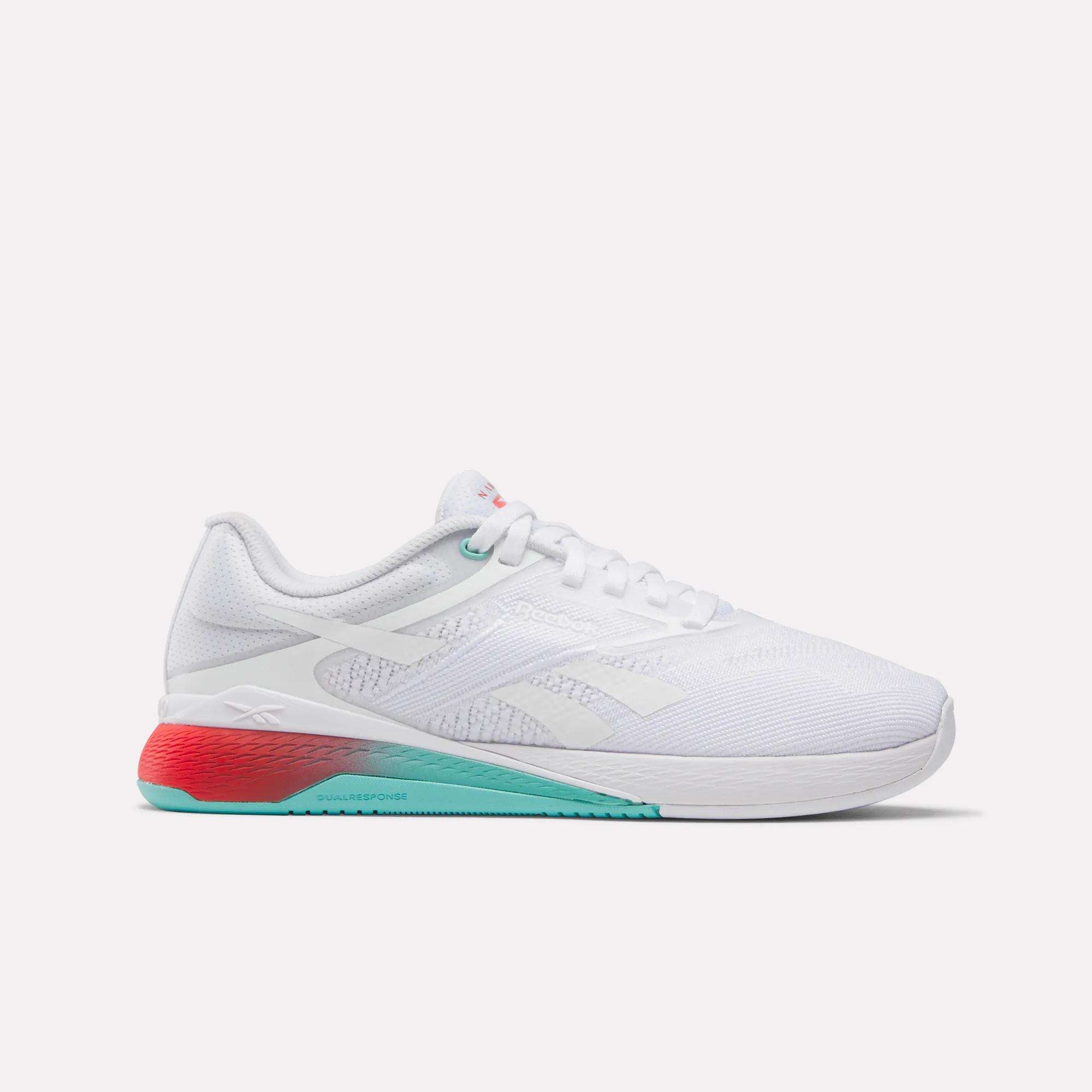 Side view on white background of Womens Reebok Nano X5 running shoe in White/AI Aqua/Energy Red, Medium (Regular) width