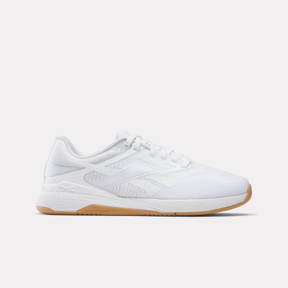 Side view on white background of Womens Reebok Nano X5 running shoe in White/Barely Grey/Reebok Gum, Medium (Regular) width