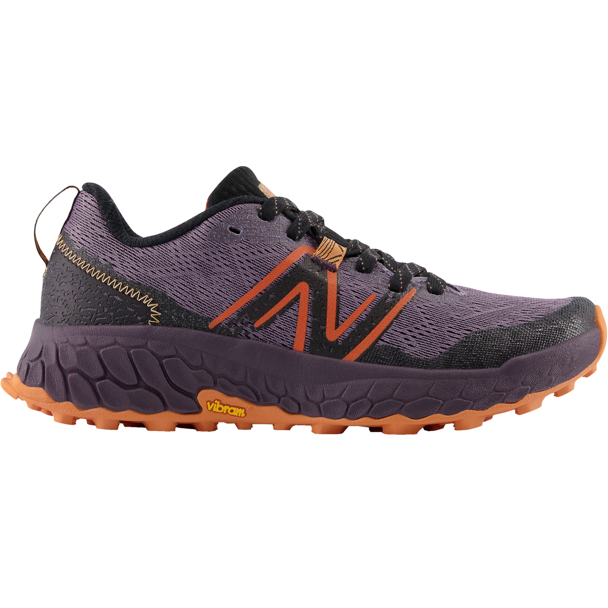Side view on white background of Womens New Balance Fresh Foam X Hierro V7 running shoe in Shadow/Black, Medium (Regular) width
