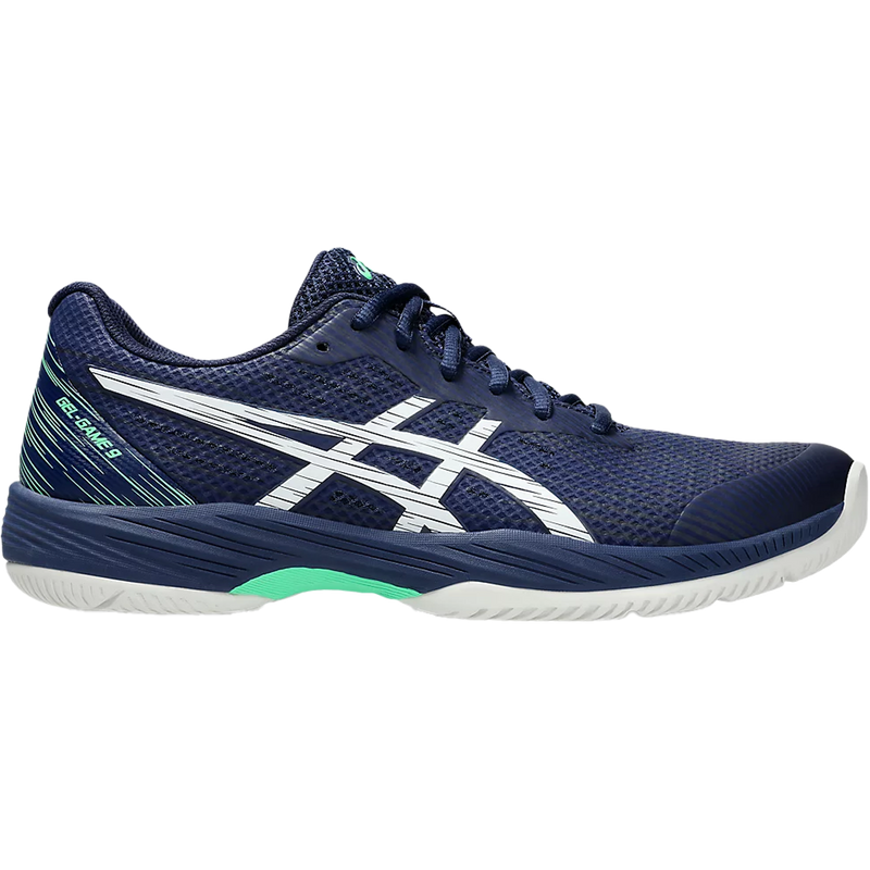 Side view on white background of Mens Asics Gel-Game 9 running shoe in Blue Expanse/White, Medium (Regular) width