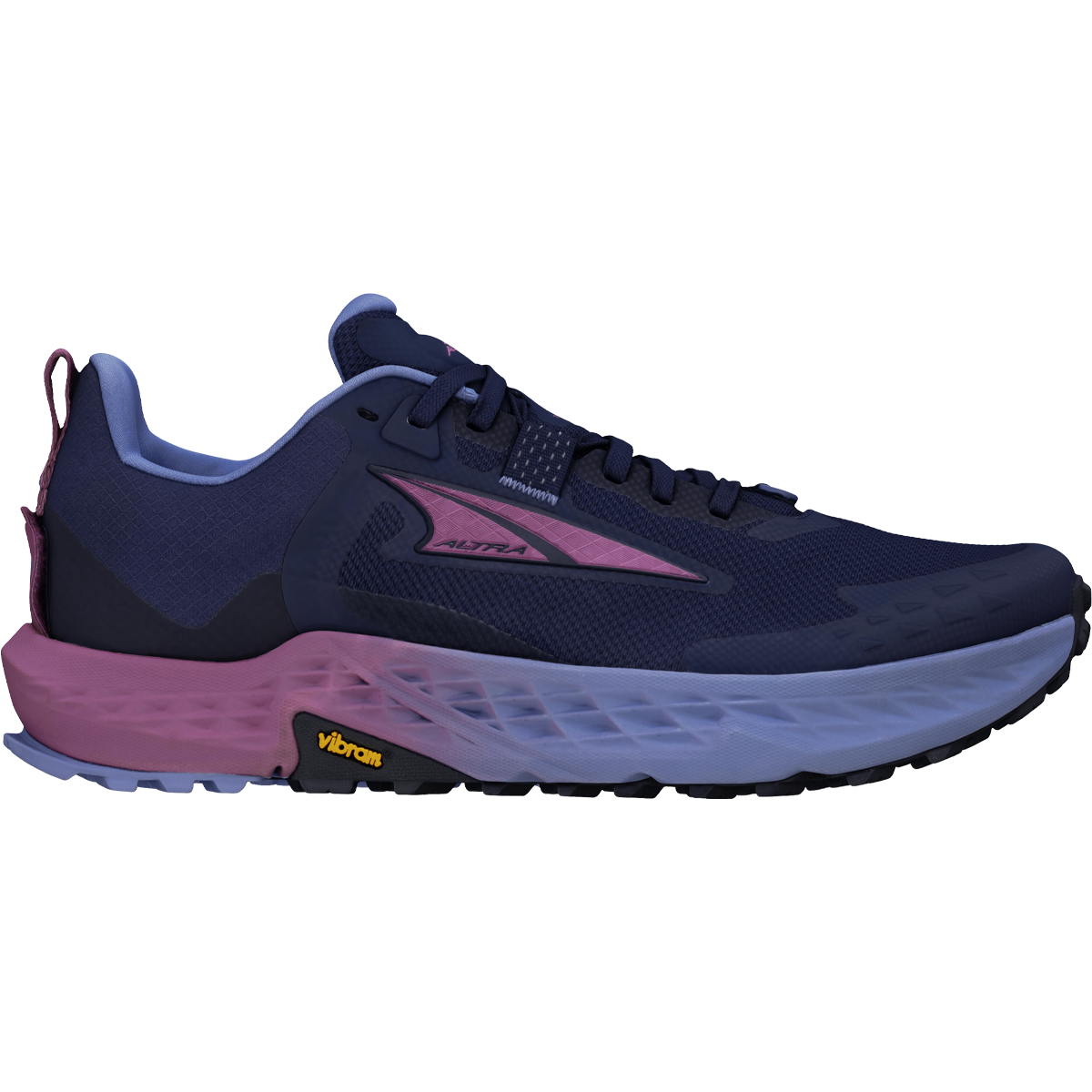 Side view on white background of Womens Altra Timp 5 running shoe in Dark Blue, Medium (Regular) width