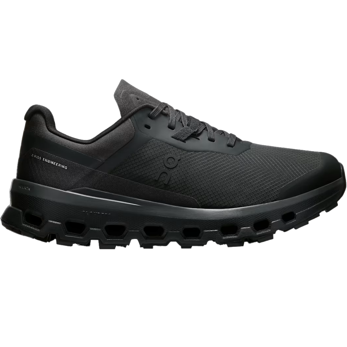 Side view on white background of Womens On Cloudvista 2 running shoe in Black/Black, Medium (Regular) width
