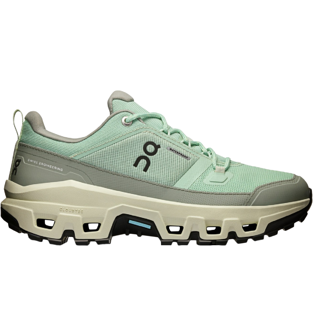 Side view on white background of Womens On Cloudrock Low WP running shoe in Mineral/Aloe, Medium (Regular) width