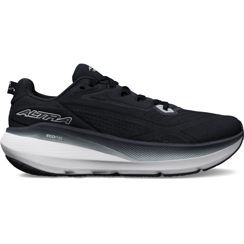 Side view on white background of Mens Altra FWD Via 2 running shoe in Black/White, Medium (Regular) width
