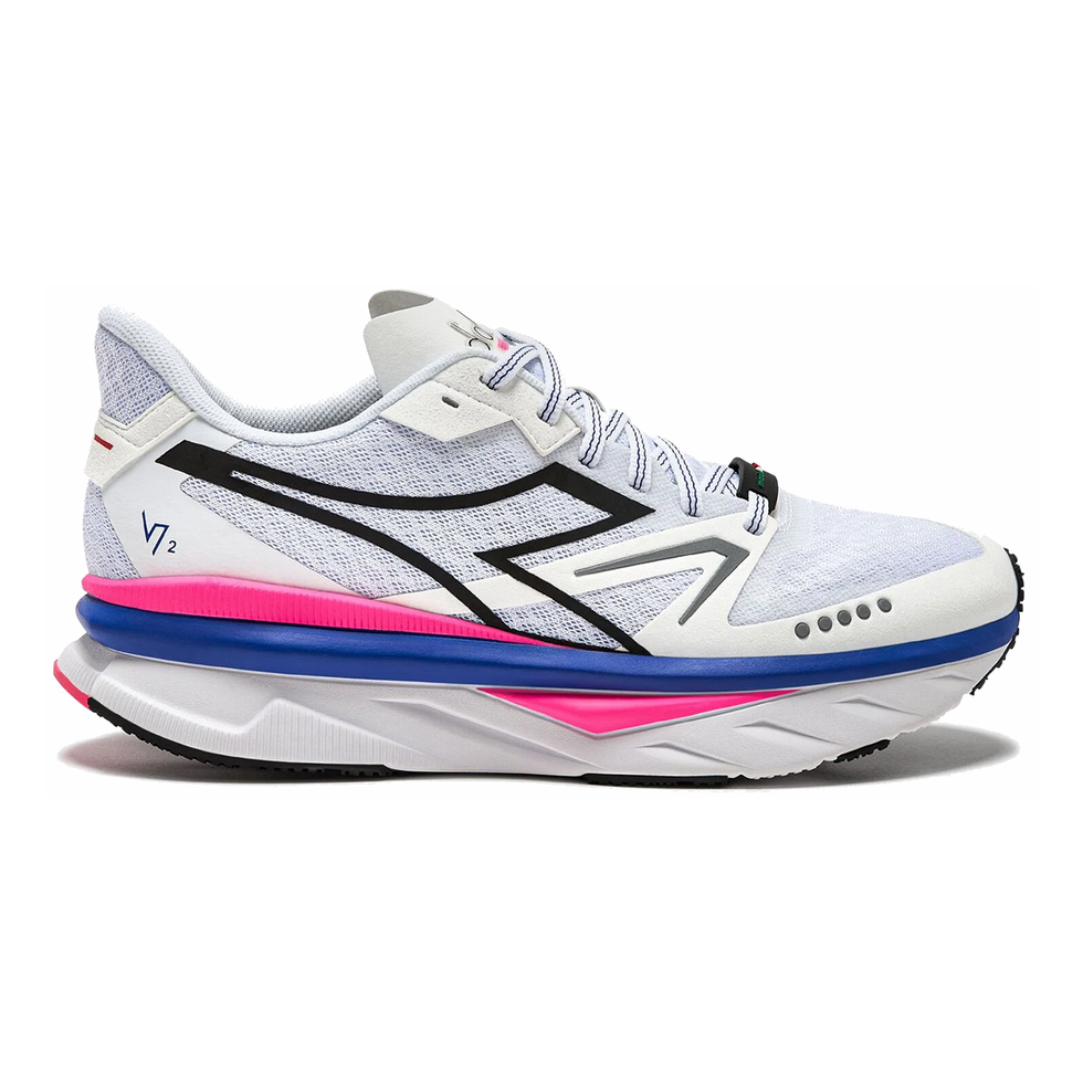 Side view on white background of Womens Diadora Atomo V7000-2 running shoe in White/Surf The Web/Pink Fluo, Medium (Regular) width
