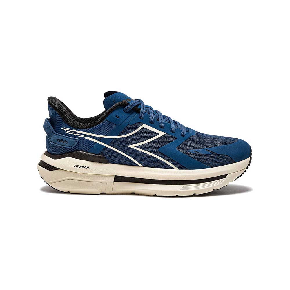 Side view on white background of Mens Diadora Cellula running shoe in Blue Opal/Whisper White, Medium (Regular) width