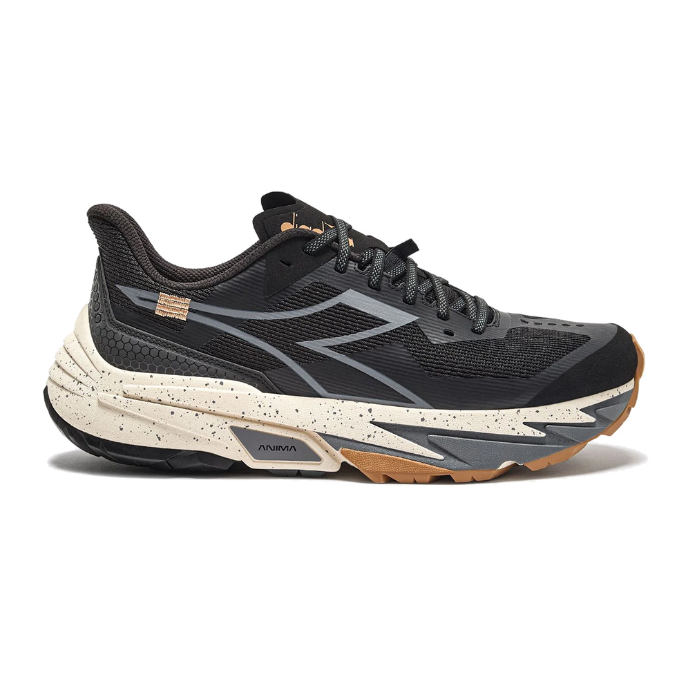 Side view on white background of Mens Diadora Sestriere-Xt 2 running shoe in Black/Steel Gray/Whisper White, Medium (Regular) width