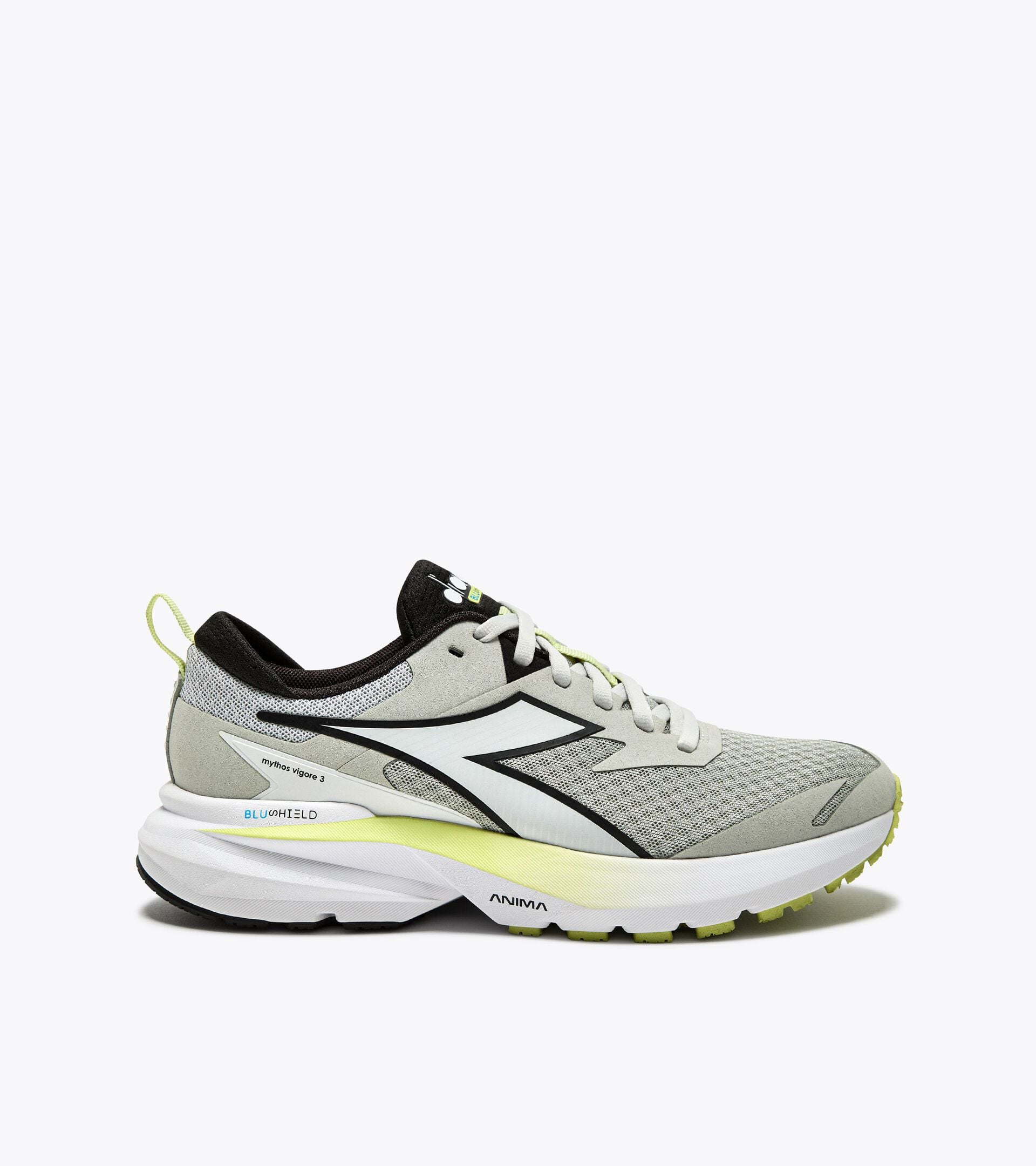 Side view on white background of Womens Diadora Mythos Blushield Vigore 3 running shoe in Silver Dd/White/Black, Medium (Regular) width