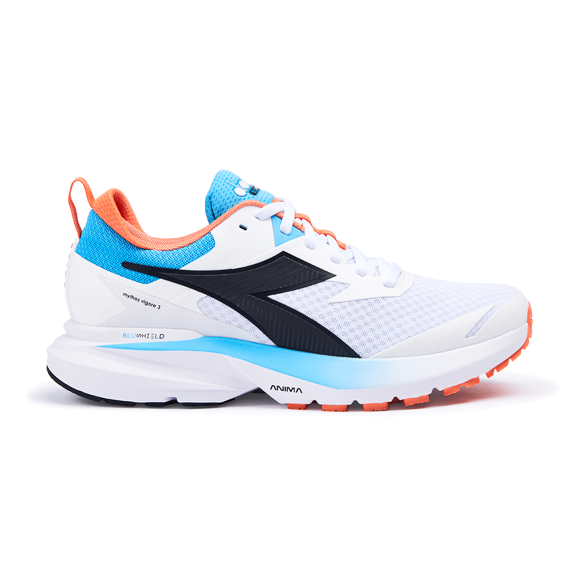 Side view on white background of Mens Diadora Mythos Blushield Vigore 3 running shoe in White/Black/Aquarius, Medium (Regular) width