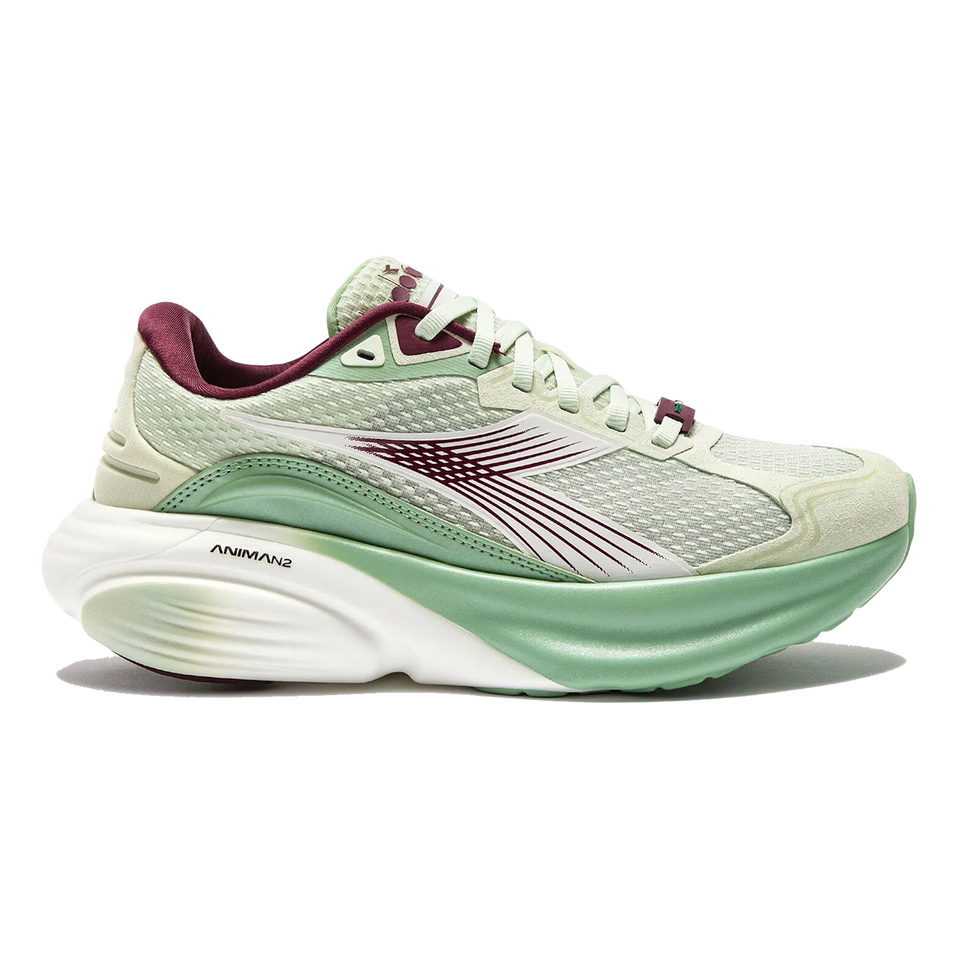 Side view on white background of Womens Diadora Atomo Star running shoe in Almost Aqua/White, Medium (Regular) width