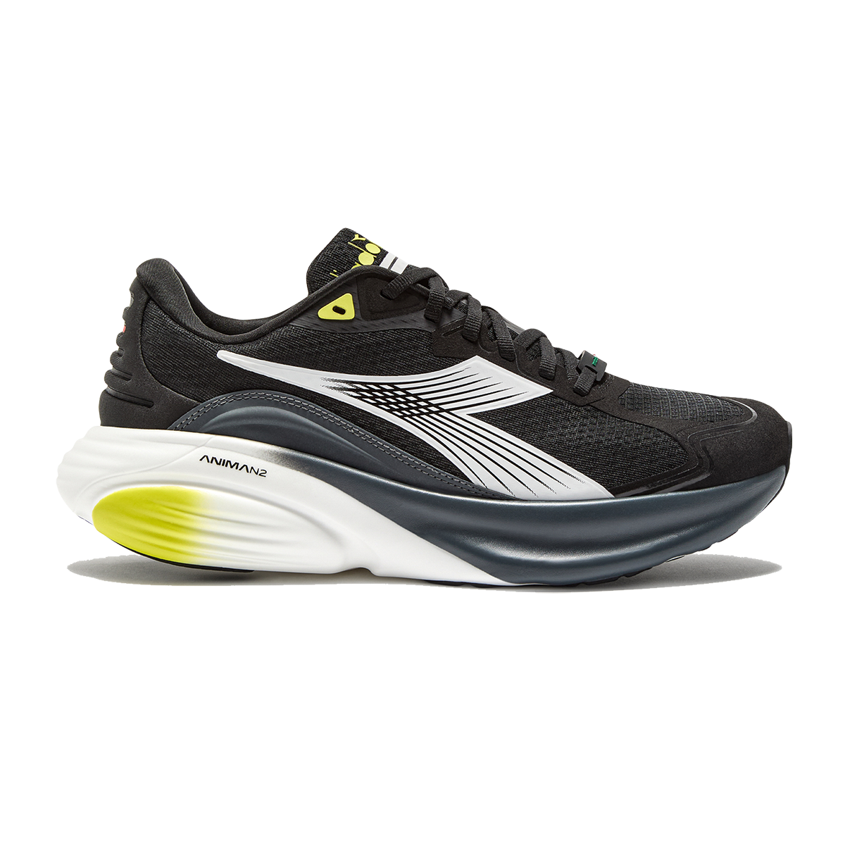 Side view on white background of Mens Diadora Atomo Star running shoe in Black/White, Medium (Regular) width