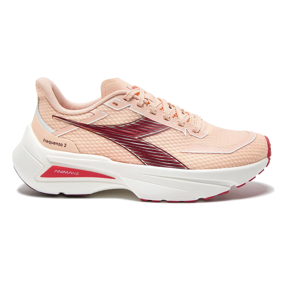 Side view on white background of Womens Diadora Frequenza 2 running shoe in Scallop Shell/Winery, Medium (Regular) width
