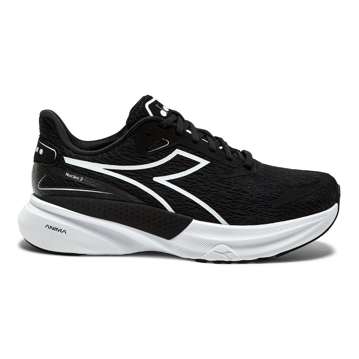 Side view on white background of Mens Diadora Nucleo 2 running shoe in Black/White, Medium (Regular) width
