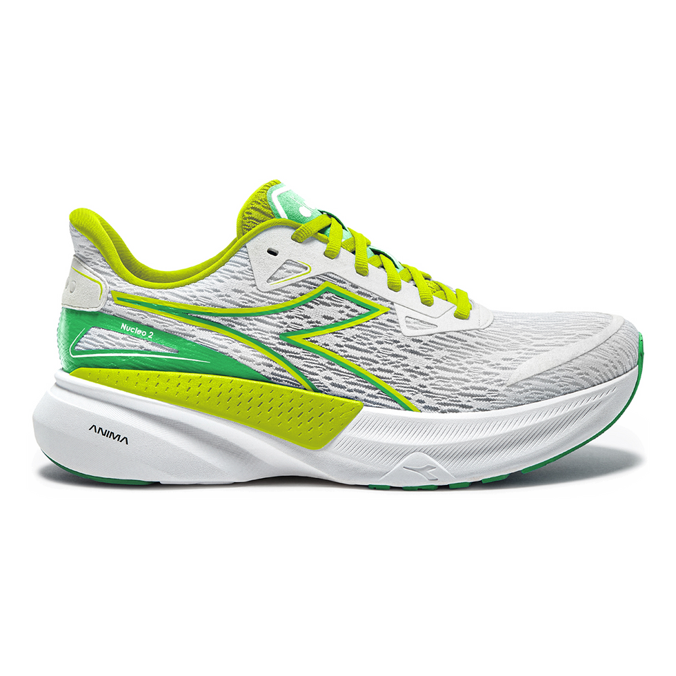 Side view on white background of Womens Diadora Nucleo 2 running shoe in White/Lime, Medium (Regular) width